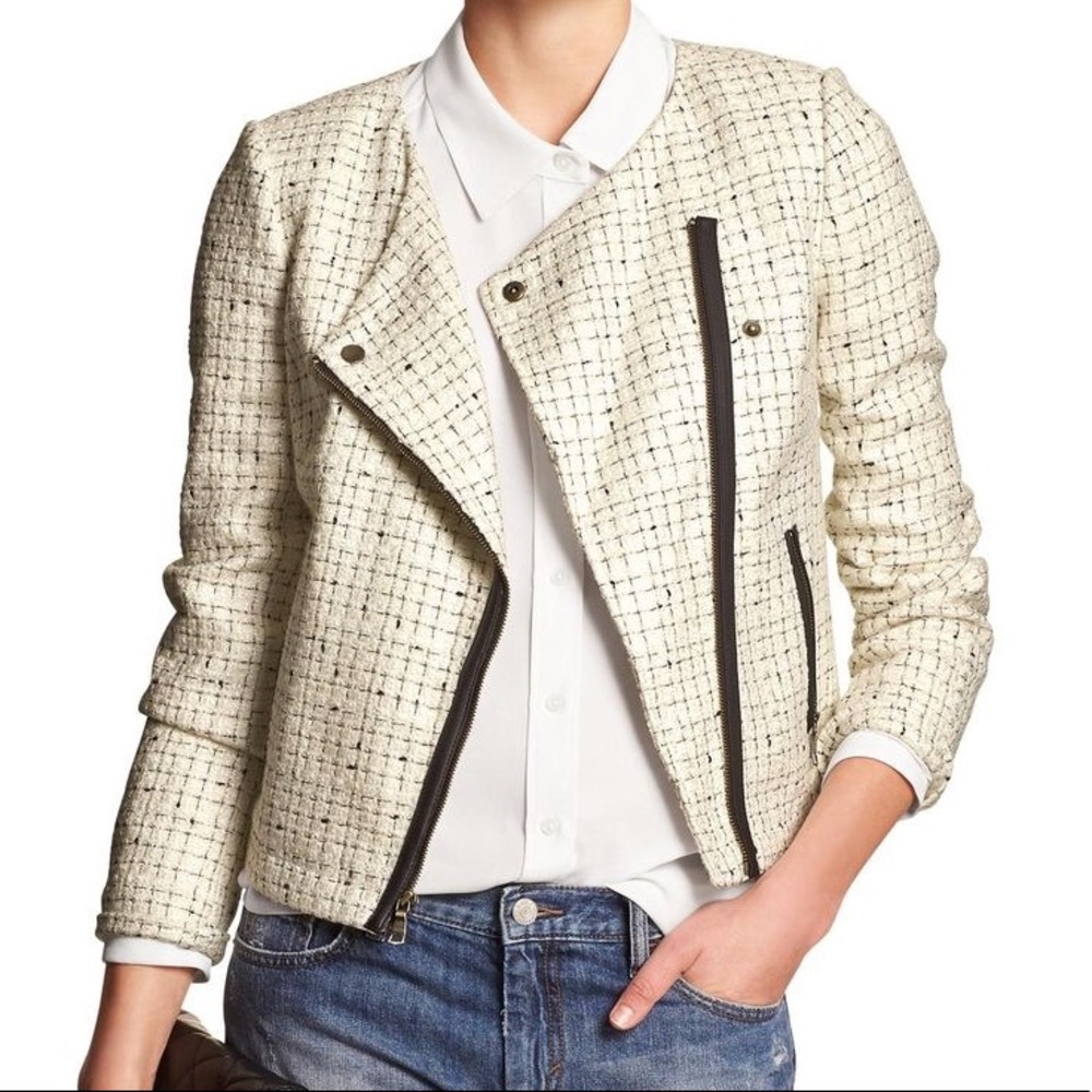 Banana Republic Boucle Tweed Moto Jacket 8P Ivory - Picture 7 of 8